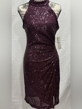 Eliza J Plum Sequin Halter Neck Ruched Cocktail Dress Size 8 NWT

New with tags